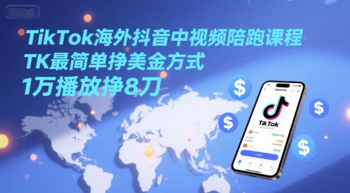 TikTok海外抖音中视频陪跑课程，TK最简单挣美金方式，1万播放挣8刀-鱼丸网创