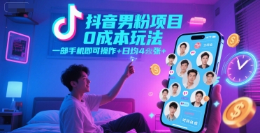 抖音男粉项目0成本玩法，一部手机即可操作，日均4张+，时间自由-鱼丸网创