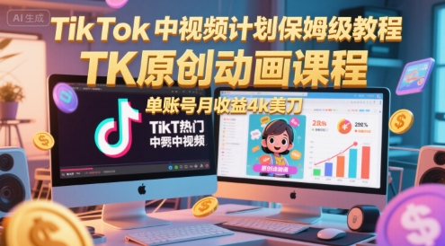 TikTok中视频计划保姆级教程，TK原创动画课程，单账号月收益4k美刀-鱼丸网创
