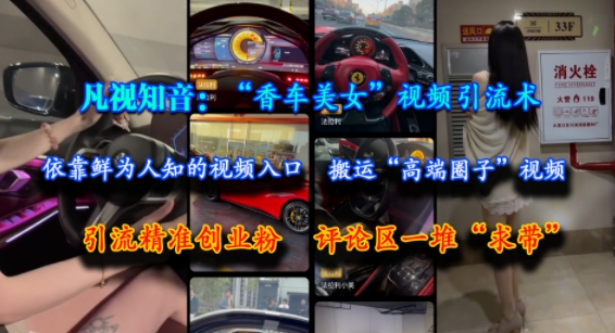凡视知音：“香车美女”视频引流术，依靠鲜为人知的视频入口，搬运“高端圈子”视频，引流精准创业粉，评论区一堆“求带”-鱼丸网创