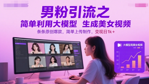 男粉引流之简单利用大模型生成美女视频，条条原创爆款，简单上传制作，变现日1k+-鱼丸网创