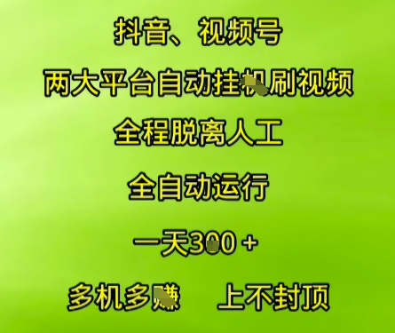 抖音视频号两大平台自动运行，全程脱离人工，自动获取收益，一天3张+，多机多挣，上不封顶【揭秘】-鱼丸网创