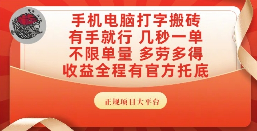 手机电脑打字搬砖，副业可发展主业来做蓝海项目，有手就行，几秒一单，不限单量，多劳多得【揭秘】-鱼丸网创